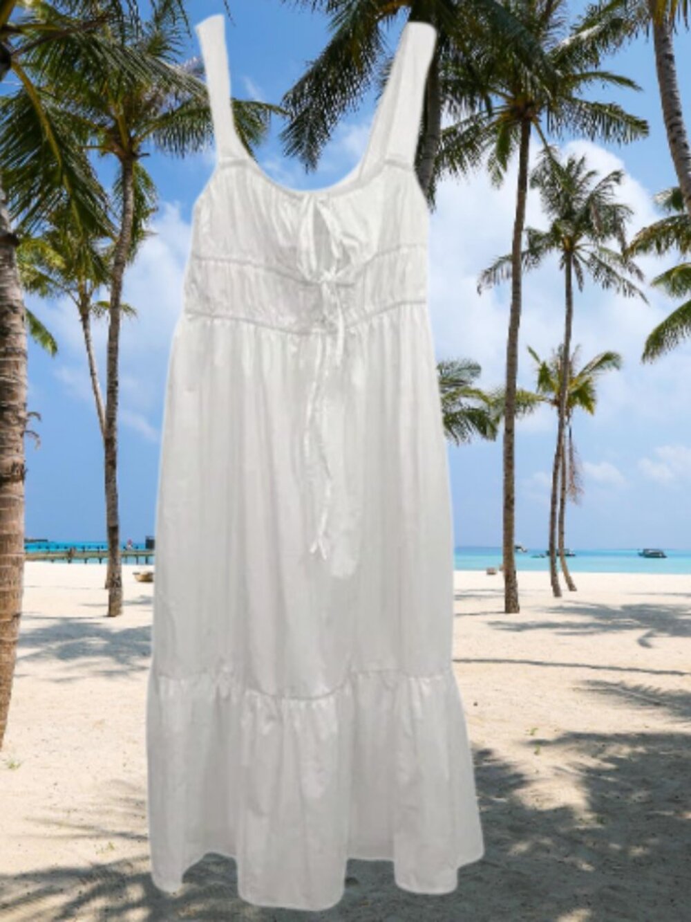 Tiered Summer Dress Corset Tie Front White Boho Dress L